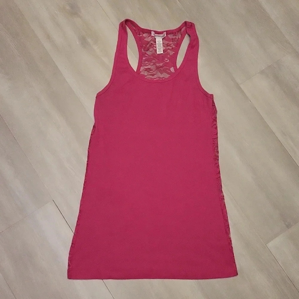 Ambiance Apparel Pink Sheer Floral Lace Back Racerback Tank Womens Size Large